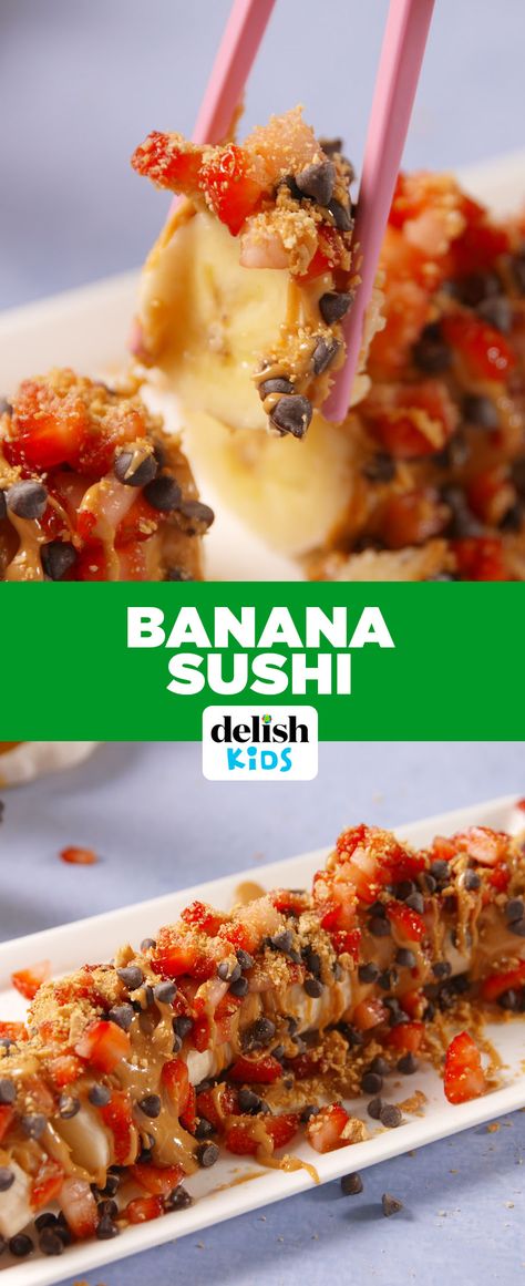 Current obsession: Banana Sushi. Get the recipe from Delish.com. Banana Sushi Rolls, Snack Corner, Banana Sushi, Yummy Candy, Dessert Sushi, Kid Foods, Veggies Recipes, Make Sushi, Baking Treats