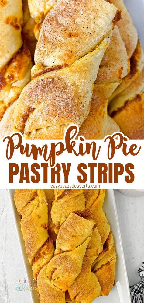 PUMPKIN PIE PASTRY STRIPS Pumpkin Pie Cutouts, Pumpkin Pastry Recipes, Pumpkin Puff Pastry Desserts, Pumpkin Pastries, Crumbles Recipes, Pumpkin Pastry, Camping Foods, Pie Pastry, Frozen Pumpkin