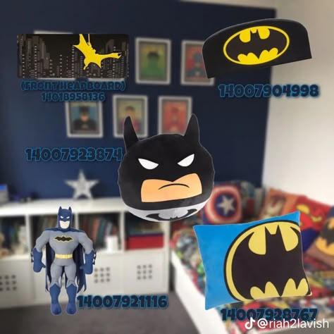 Spiderman Decals Bloxburg, Batman Decals Bloxburg, Boy Room Decals Bloxburg, Batman Themed Room, Batman Bed, Batman Decals, Unicorn Rug, Batman Bedroom, Boys Room Decals