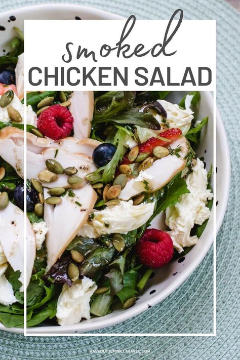 This smoked chicken salad comes together so quickly and is a delicious, fresh and satisfying meal. The perfect easy yet tasty salad. Chicken Salad With Cherries, Salad With Smoked Chicken, Rotisserie Chicken Salad Lettuce, Chicken Salad With Dried Cherries, Keto Blt Chicken Salad, Pumpkin Seed Salad, Chicken Breast Salad, Smoked Chicken Salad, Roast Pumpkin Salad