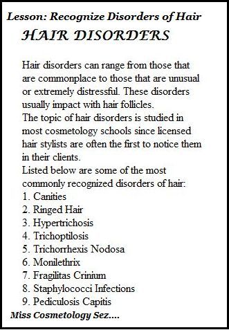 As a Licensed Hairdresser you must know all of the disorders of the hair. Also Recognizing them as your clients may have one! State Board Cosmetology Practical Exam, Texas Cosmetology State Board Exam, Cosmetology School Tips, Haircut Angles, Cosmetology School Notes, Cosmetology School Tips Student, State Board Cosmetology, Milady Cosmetology, Hairdresser Tips