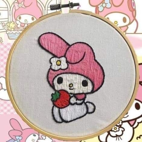 Sanrio Embroidery Pattern, My Melody Embroidery, Sanrio Embroidery, Kuromi Embroidery, Embroidery Brooch, Simple Hand Embroidery Patterns, Basic Embroidery Stitches, Pola Sulam, Cute Embroidery