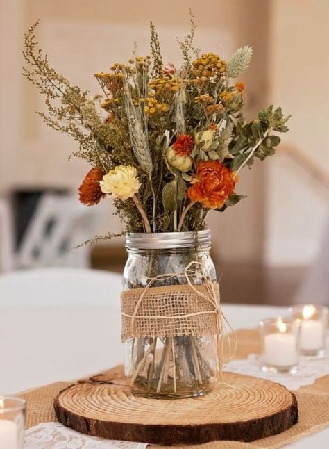 40+ Fall Wedding Ideas on a Budget We Love | HubPages Dried Flowers Mason Jar, Dried Flower Centerpiece Table Settings, Outdoor Evening Wedding Reception, Western Centerpieces, Outdoor Evening Wedding, Wedding Table Deco, Wedding Brainstorming, Alhambra Hall, Table Pieces