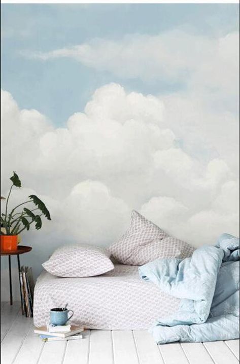 Painted Clouds On Walls, Wall Mural Simple, Wallpaper Sky Blue, Cloudy Wallpaper, Baby Room Wallpaper, Cloud Room, Cloud Bedroom, Wallpaper Clouds, Kids Room Wall Murals