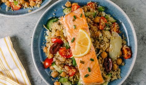 Veggie-Packed Quinoa Salad with Roasted Salmon Salmon Dishes Aesthetic, Salmon With Quinoa Salad, Salmon Quinoa Bowl Healthy, Salmon And Veggie Recipes, Quinoa Salmon Salad, Quinoa Recipes With Salmon, Quinoa Salad With Salmon, Salmon With Quinoa Recipe, Quinoa And Salmon Recipes