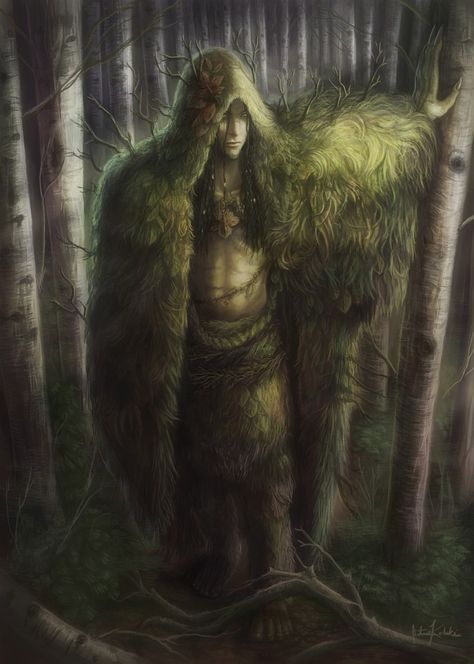 When walking in the forest alone at night, beware of Ghillie Dhu, protector of the forest, from Scottish lore and myth. Celtic Monsters, Scottish Mythology, Celtic Myth, Celtic Gods, Celtic Mythology, Birch Trees, Celtic Art, Mythological Creatures, Magical Creatures