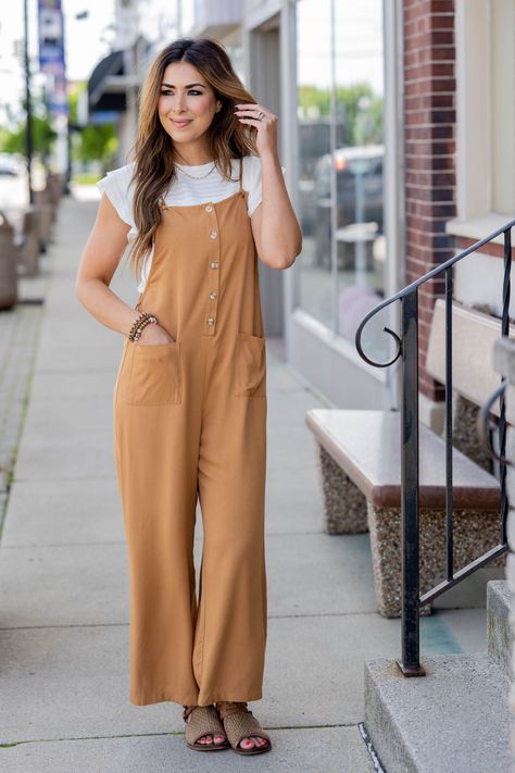 Button Front Tie Strap Jumpsuit Fall Romper Outfit Jumpsuits, Jumpsuit With Tshirt, Fall Romper Outfit, Fall Jumpsuit Outfit, Overalls Outfit Fall, Overall Outfits, Olive Clothing, Jumpsuit Fall, Straps Jumpsuit