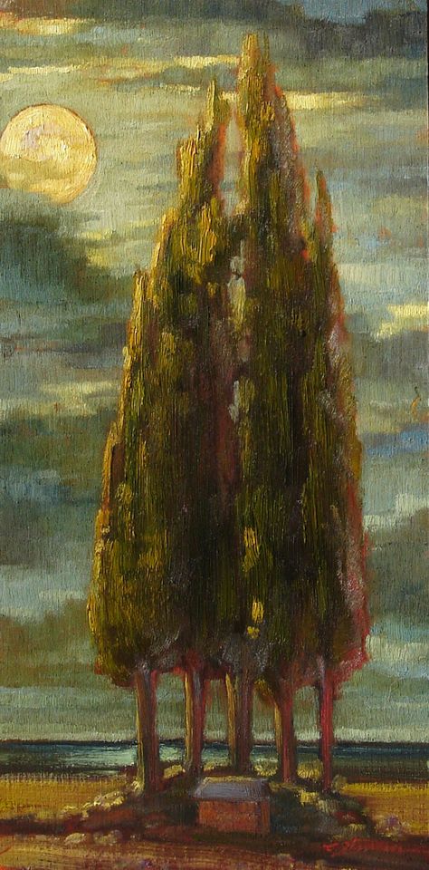 Moody Tuscan landscape painting with cypress trees in moonlight. Cypress Trees Painting, Tuscan Landscape Painting, Cypress Tree Painting, Night Paintings, Tuscan Landscape, Tuscany Landscape, Tuscan Landscaping, Moonlight Painting, Dorm Wall Art