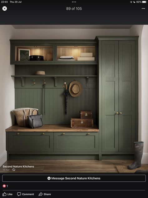 Home Entrance Storage Ideas, Mud Room Cubby Storage Ideas, Nicole Gates, Green Mudroom, Mud Room Entrance, Garderobeløsning Gang, Mud Room Ideas Entryway, Boot Room Utility, Small Mudroom Ideas