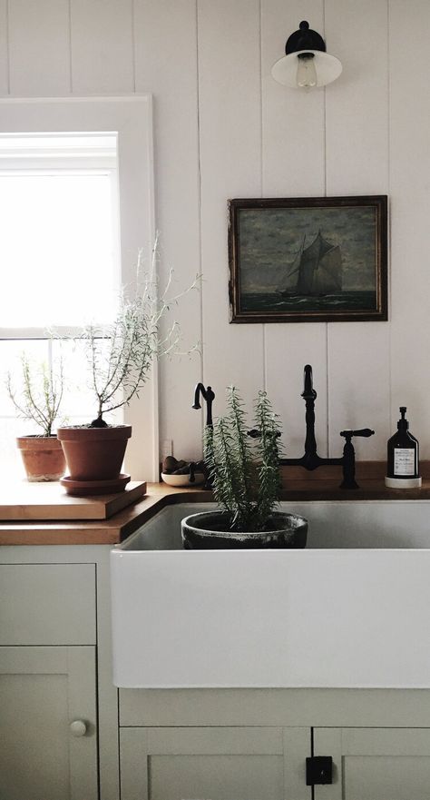 Staying Home and finding simple joys - our kitchen sink is the weekly watering station for our house plants including these potted rosemary we overwinter inside.  Check out other things  we're doing around the house during this period of Staying at Home , on the CREED Blog in link.  | Kitchen Design and Photo by:  Carol Reed Interior Design Inc.   #apronsink #vintagepainting #bridgefaucet #greigecabinets #pottedplants #farmhousekitchen Potted Rosemary, Rosemary Plants, Heritage Kitchen, Gothic Farmhouse, Potted Herbs, Bridge Faucet, Tongue And Groove Panelling, Ikea Kitchen Design, Apron Sink