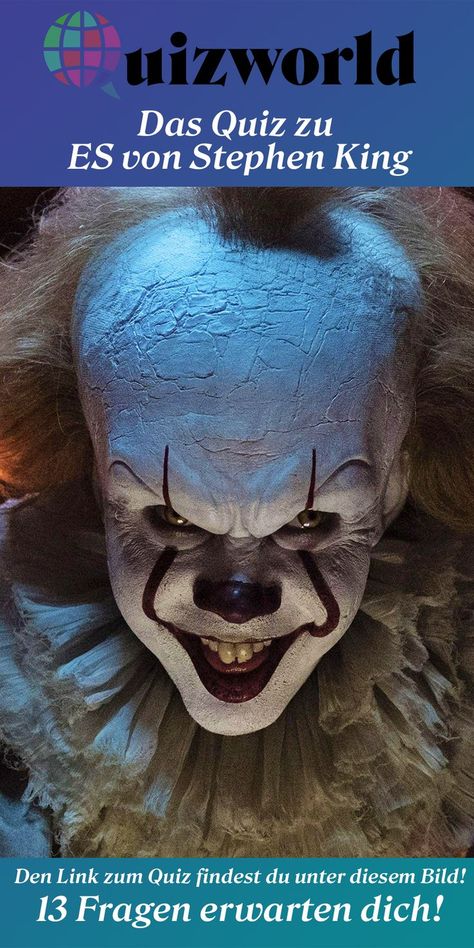 Vielen ist der tödliche Clown von Stephen King ein Begriff. Aber kennst du auch seinen wahren Hintergrund? Im Online Horror Quiz zu Pennywise findest du es heraus! Horror Quiz, Stephen Kings, Film Horror, Online Quiz, Stephen King, Film