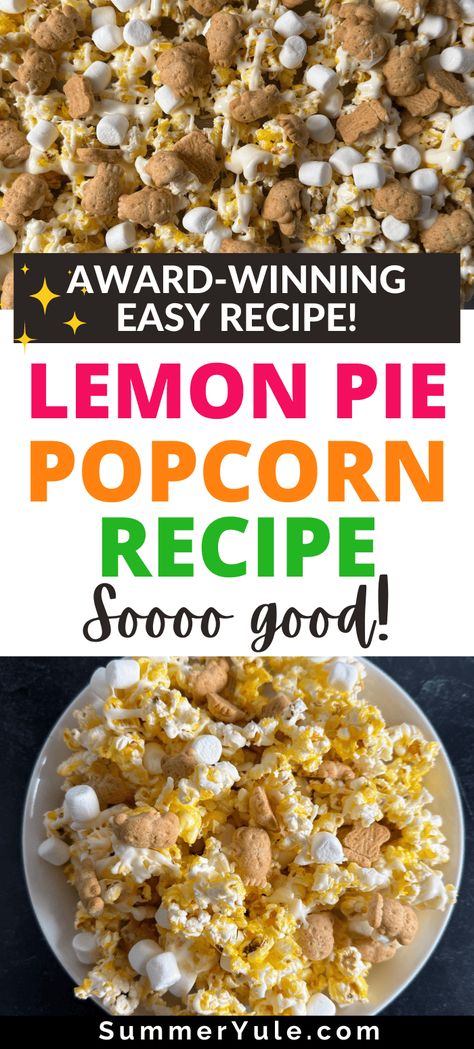 Lemon Pie Popcorn Recipe (Award Winning!) Lemon Popcorn, White Chocolate Drizzle, White Almond Bark, Popcorn Recipe, Flavored Popcorn, Almond Bark, Popcorn Recipes, Lemon Pie, Chocolate Drizzle