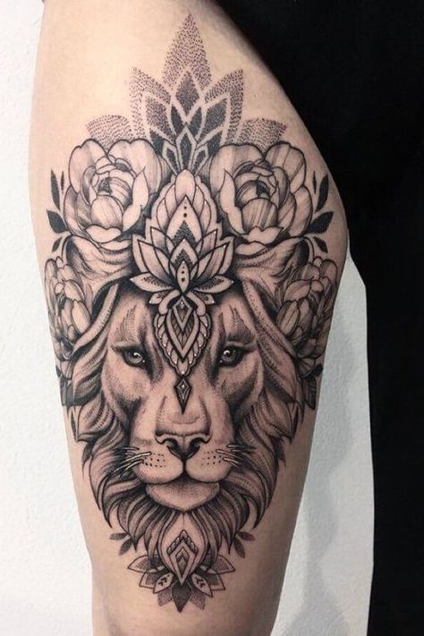 Front Thigh Tattoos, Lion Tattoo On Thigh, Upper Leg Tattoos, Upper Thigh Tattoos, Lioness Tattoo, Hip Thigh Tattoos, Mens Lion Tattoo, Petit Tattoo, Hip Tattoos Women