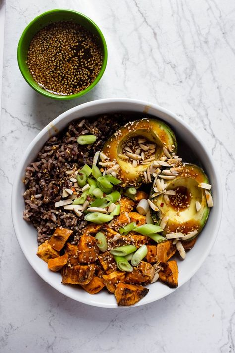 Teriyaki Sweet Potato Avocado Rice Bowl | The Vegan 8 Teriyaki Rice Bowl, Teriyaki Bowls, Vegan Teriyaki, Sweet Potato Bowl, Sweet Potato Avocado, Potato Avocado, Teriyaki Rice, Potato Bowl, Avocado Rice