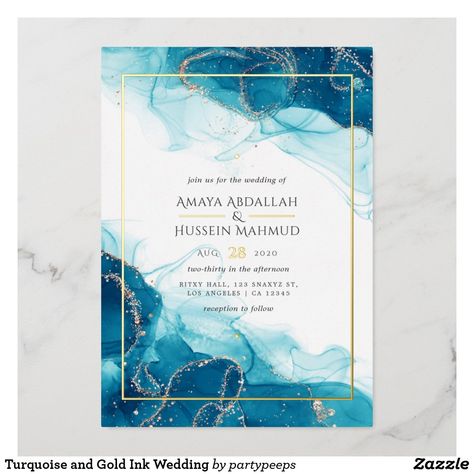 Turquoise and Gold Ink Wedding Foil Invitation Wedding Invitation Blue And Gold, Wedding Invitations Marble, Geode Wedding Invitations, Wedding Invitations Starry Night, Blue Gold Wedding Invitation, Turquoise Wedding Invitations, Wedding Planning Business, Fairy Wallpaper, Neutral Wedding Colors