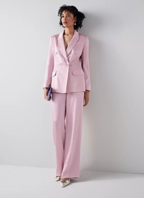 Ascot Fashion, Royal Ascot Fashion, Pink Wide Leg Trousers, Front Roe, Louise Roe, Elegant Coats, Satin Trousers, Trouser Outfits, Lk Bennett