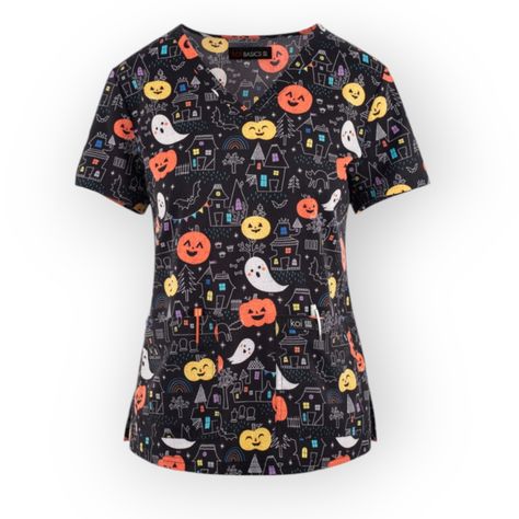 Koi Basics Haunted Night Halloween Women's 2-Pocket Stretchv-Neck Scrub Top Size Small Measurement Armpit 20" Lenght 26" Holiday Scrubs, Koi Scrubs, Carved Pumpkins, Uniform Advantage, Utilitarian Style, Scrub Jackets, Women Nurse, African Men Fashion, Overalls Women