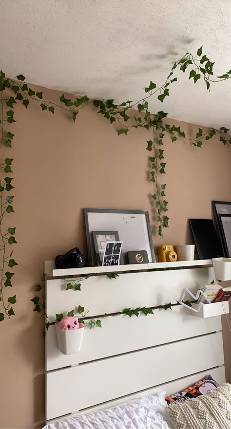 Brown Room Aesthetic Wallpaper, Room Ideas Aesthetic Greenery, Aesthetic Room Brown And White, Green And Brown Bedroom Walls, Green Brown Home Aesthetic, Beige Walls Room Aesthetic, Kwarto Ideas Simple, Brown Room Aesthetic Ideas, Room Color Combination Aesthetic