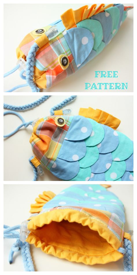 DIY Fabric Drawstring Fishy Purse Free Sewing Patterns & Tutorials | Fabric Art DIY Fish Drawstring Bag Pattern, Fish Bag Sewing Pattern, Fish Bag Pattern, Sewing Fish, Crochet Fish Bag, Fish Items, Fish Bags, Fish Purse, Sewn Gifts