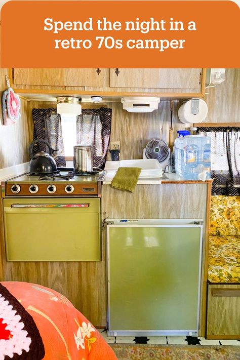 Have you ever wanted to stay in a vintage 1970s camper? Well now you can in this retro canned ham 70s campervan. It's a unique visit on AirBnb! 1970s Camper, 70s Camper, Canned Ham Camper, Retro Rv, Green Appliances, Days In September, Canned Ham, Harbor Springs, Michigan Travel