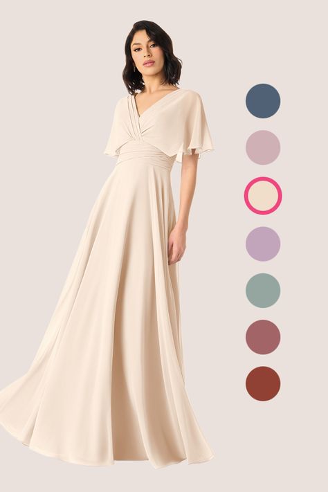 Pamela will make you feel like a Greek goddess! The delicate sleeves flow down to the elbows, while the V-neck and pleated bodice makes it universally flattering. The bridesmaid dress flares out from the waist and falls to the floor in a cascade of folds. Modest Bridesmaid Dresses With Sleeves, Sage Bridesmaid Dresses, Bridesmaid Dresses With Sleeves, White Bridesmaid Dresses, White Alabaster, Modest Bridesmaid Dresses, Cascading Ruffles, Azazie Bridesmaid Dresses, Pleated Bodice