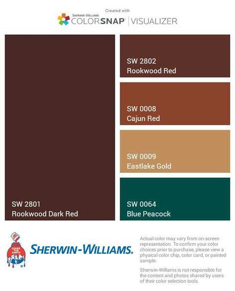 Deep Maroon Sherwin Williams, Rookwood Dark Red Sherwin Williams, Rustic Red Sherwin Williams, Rockwood Medium Brown Sherwin Williams, Sherwin Williams Rustic Red, Sherwin Williams Red Brown Paint Colors, Rookwood Dark Red, Decor Makeover, Color Chip