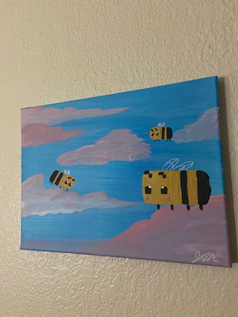 Canvas Painting Ideas Minecraft, Diy Minecraft Painting, Minecraft Paintings On Canvas, Minecraft Bumblebee, Minecraft Sunset Painting, Easy Minion Painting On Canvas, Minecraft Painting, Bumblebee Painting, Painting Minecraft