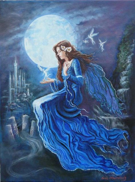 Phoebe- Greek myth: a titan goddess of prophecy and oracular intellect. She was a daughter of Uranus and Gaia. She is often associated with the moon. Greek Titans, Celtic Moon, Fairy Paintings, Moon Fairy, Celtic Goddess, Blue Fairy, Celtic Art, Goddess Art, Fairy Angel