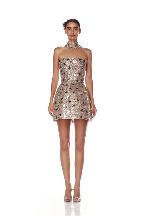 Designer Mini Dress Haute Couture, Embellished Short Dress, Gigi Hadid Style Dresses, Sparkly Gown, Silver Mini Dress, Bronx And Banco, Sparkly Mini Dress, Evening Mini Dresses, Designer Mini Dresses