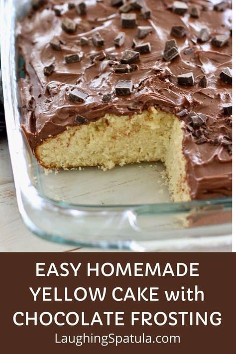 An easy to make Old Fashioned Yellow Cake with Easy Chocolate Frosting.  Simple ingredients make the best cake! #homemadecake #yellowcake #easyfrosting #oldfashionedyellowcake Yellow Cake Chocolate Frosting, Yellow Cake With Chocolate Frosting, Homemade Yellow Cake, Traditional Easter Desserts, Cake With Chocolate Frosting, Homemade Strawberry Sauce, Easy Frosting, Yellow Cake Recipe, Yummy Desserts Easy