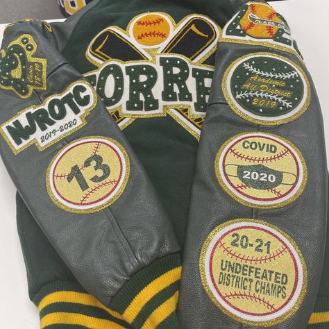 Letterman’s Jacket Ideas, Softball Letterman Jacket Ideas, Letterman Jacket Patches Placement, Senior Year Inspiration, Letterman Jacket Ideas, Letterman Jacket Patches, Softball Sweatshirt, Senior Season, Bling Jacket