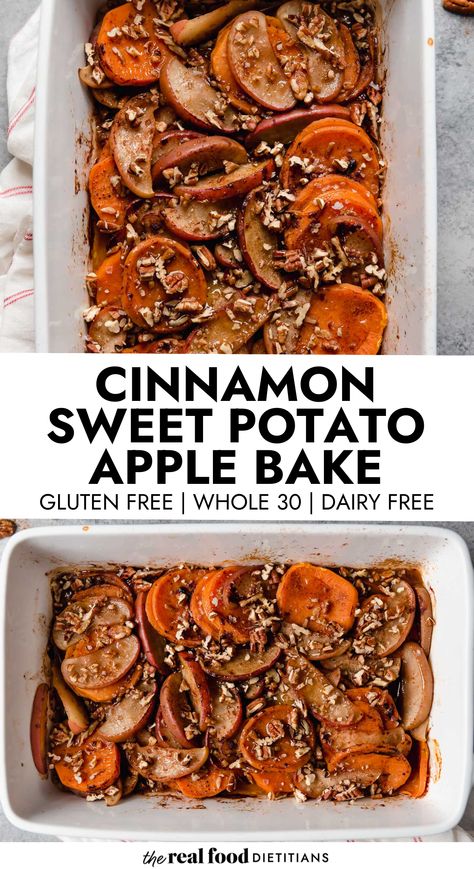 A perfect side dish for your real food table this holiday season. Cinnamon Sweet Potato Apple Bake is made with easy to find ingredients, is gluten free and Whole 30, and oh, so delicious. Whole 30 Cinnamon Apples, Whole30 Apple Dessert, Baked Sweet Potatoes And Apples, Whole30 Apple Recipes, Whole 30 Baked Apples, Baked Whole Apples Easy Recipes, Whole 30 Holiday Recipes, Whole30 Thanksgiving Recipes, Whole Food Baking