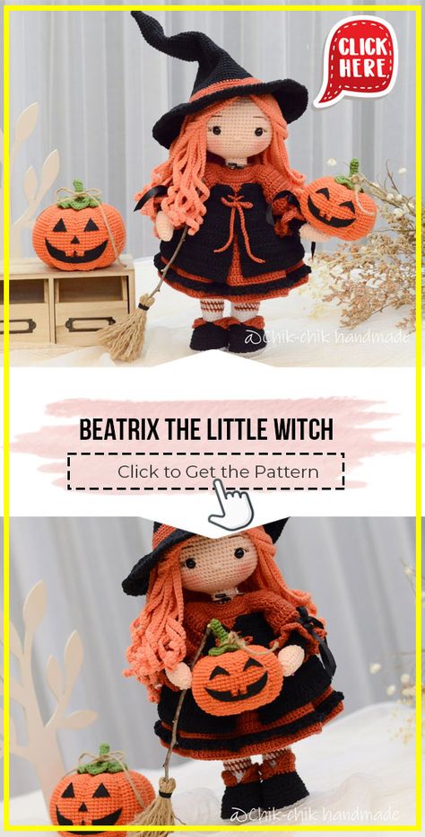 crochet BEATRIX The Little Witch easy pattern - Easy Crochet Witch Pattern for Beginners. Click to Get the Pattern #Witch #crochetpattern #crochet via @shareapattern.com Crochet Witch Pattern, Crochet Witch, Witch Pattern, Patterns Halloween, Crochet Ghost, Halloween Witch Dolls, Pumpkin Patterns, Crochet Doll Tutorial, Crochet Dolls Free Patterns