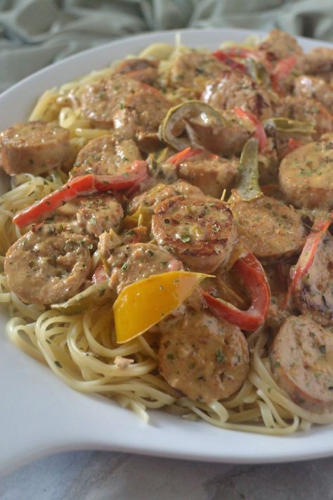 Sausage, Peppers, and Onions Linguine - Coop Can Cook White Wine Reduction Sauce, White Wine Reduction, Wine Reduction Sauce, Coop Can Cook, Boudin Sausage, Reduction Sauce, Sausage Peppers And Onions, Linguine Recipes, Sausage Peppers