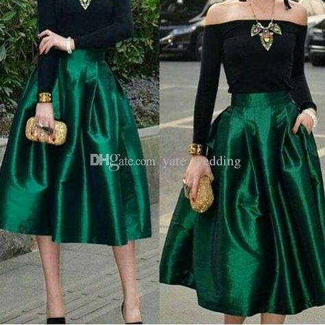 Online Cheap Dark Green Midi Skirts For Women High Waisted Ruched Satin Tea Length Petite Cocktail Party Skirts Top Quality Women Formal Outfits By Yate_wedding | Dhgate.Com Cocktail Party Outfit, Green Midi Skirt, Evening Dress Long, Green Evening Dress, Cocktail Outfit, Party Rock, Christmas Party Outfits, Looks Party, Holiday Party Outfit