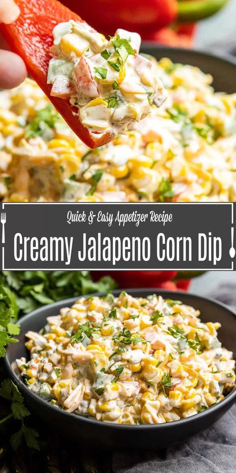 Creamy jalapeno corn dip is the perfect cold dip for summer parties. Make it ahead of time and bring this side to your next barbecue, picnic or potluck! Make with fresh corn or canned corn for a creamy dip with some spicy jalapeno and scoop it up onto chips or veggies for a delicious appetizer or side dish. Creamy Jalapeno Corn, Summer Dip Recipes, Spicy Corn Dip, Jalapeno Corn Dip, Vegetarian Appetizers Easy, Cold Dip, Cold Dip Recipes, Creamy Jalapeno, Salsa Recipes