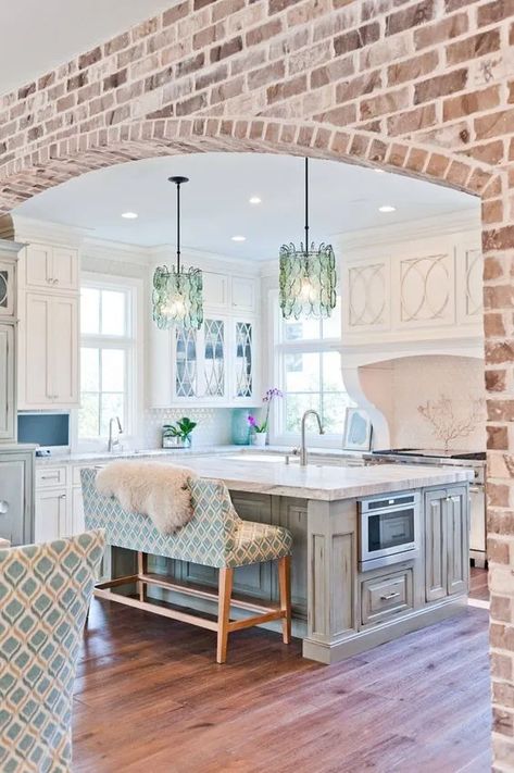 Kitchen Island Table Combination, Louisiana Kitchen, Eclectic Farmhouse, Homes Exterior, Island Table, Brick Kitchen, Kitchen Island Table, Kitchen Decor Apartment, Cute Dorm Rooms