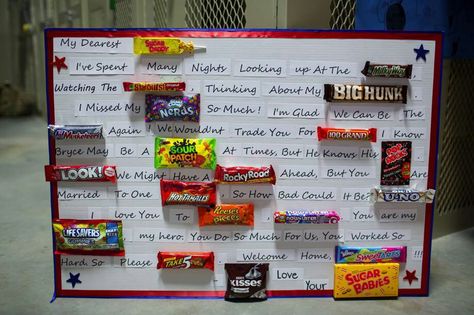 Welcome home Welcome Home Candy Poster, Welcome Home Boyfriend, Letters For Boyfriend, Bar Letters, Military Homecoming Signs, Military Welcome Home, Welcome Home Soldier, Deployment Homecoming, Candy Card