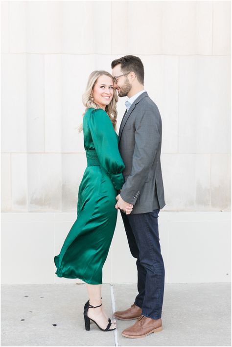 OKC Civic Center Music Hall Engagement Session, Tulsa engagement photos Emerald Dresses, Fall Engagement Session, Bold Dresses, Civic Center, Fall Dress Outfit, City Engagement, Music Hall, Fall Engagement, Engagement Sessions