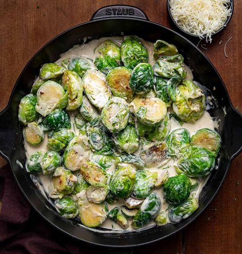 Creamy Garlic Parmesan Brussels Sprouts Brussel Sprout Recipes Stovetop, Brussel Sprout Recipes Sauteed, Skillet Brussel Sprouts, Easy Brussel Sprout Recipes, Parmesan Brussels Sprouts, Brussel Sprouts Recipes Easy, Balsamic Carrots Roasted, Scalloped Sweet Potatoes, Slow Cooker Chicken Pot Pie