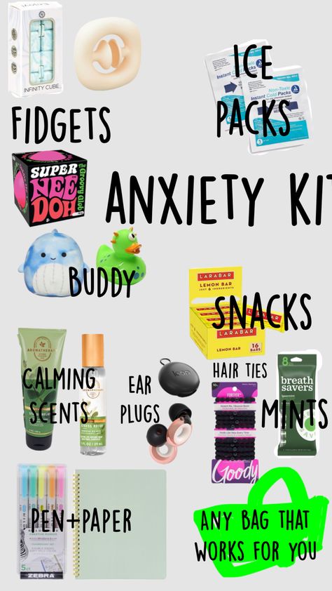 #anxitey #mentalhealthawareness #autismawareness #neurodiversity ￼ Worry Box For Adults, Purse Kit Ideas, Mental Health Care Package Diy, Coping Kit, Calm Down Kit, Self Care Kit, Wellness Kit, Healthy Coping Skills, Mental Health Facts