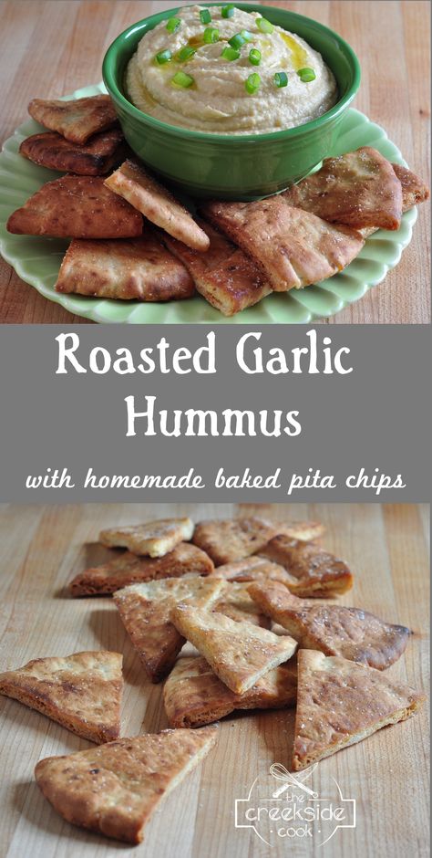 Easy Roasted Garlic, Baked Pita Chips, Healthy Dip, Vegan Dips, Roasted Garlic Hummus, Awesome Appetizers, Delicious Sides, Garlic Hummus, Vegan Wraps