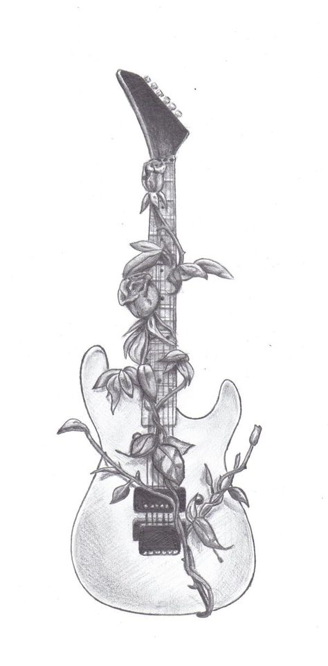 Base Guitar Tattoo, Guitar With Music Notes Tattoo, Cool Guitar Tattoos, Rock Guitar Tattoo, Rock Music Drawing, Drawing Ideas Guitar, Drawings Of Music, Guitar Art Drawing, Guitar Drawing Art