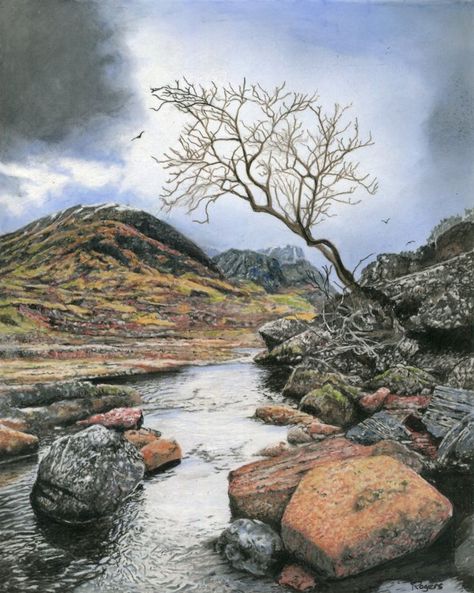 'Highland Stream' - Drawn with permission from Pixabay. I tried something different here and used Derwent Tinted Charcoal pencils and Stabilo Carbothello Chalk Pastel Pencils on Grafix .005 Drafting Film. Size 200 x 280mm. I fixed this with Krylon Matt Finish Spray on top of a few coats of Krylon Workable Fixative. Worked well in sealing it. Framed with Certificate of Authenticity. Catalogue No. 607. Charcoal Paint, Pen And Wash, Chalk Pastel, Pencil Painting, Charcoal Art, Pastel Pencils, Chalk Pastels, Art Pens, Original Art For Sale