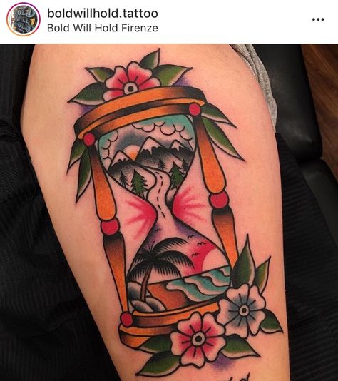 Hourglass Hand Tattoo, Old School Hourglass Tattoo, Neotrad Hourglass Tattoo, Hour Glass Tattoo Traditional, Alberta Tattoo, American Traditional Hour Glass Tattoo, Sand Timer Tattoo, Traditional Tattoo Hourglass Design, Hourglass Tattoo Neotraditional