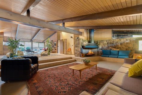 A 1960s Gem With Original Details Graces the L.A. Market at $1.35M - Dwell 60s House Interior, Indoor Atrium, Original Fireplace, 1960 House, Wooden Island, Midcentury Architecture, One Level Homes, 1960s Home, Eichler Homes