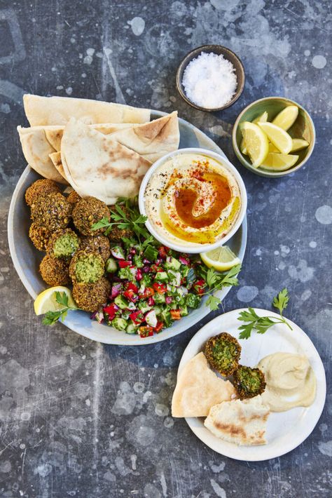 Falafel with Chopped Salad & Hummus - Maldon Salt Falafel Hummus Wrap, Hummus Plate Lunch, Falafel Food Photography, Lebanese Hummus With Meat, Hummus Bowl, Fattet Hummus, Pitta Bread, Crushed Garlic, Hummus Recipe