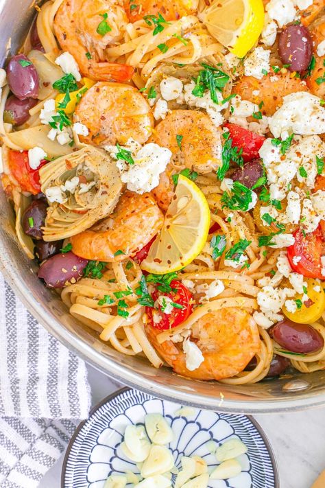 Get ready to indulge in this scrumptious Mediterranean shrimp pasta that’s bursting with flavor. This Italian-inspired dish features succulent shrimp, flavorful Kalamata olives, tangy marinated artichokes, garlic, plus a zesty kick from the lemon. The addition of white wine adds a wonderful depth, while the cherry tomatoes and capers bring a refreshing brightness to each bite. If you’re a fan of those delicious Mediterranean ingredients, you’re in for a treat with this seafood linguine dish. Mediterranean Shrimp Pasta, Mediterranean Ingredients, Shrimp Linguine Recipe, Mediterranean Shrimp, Marinated Artichokes, Seafood Linguine, Shrimp Linguine, Linguine Recipes, Easy Crockpot Chicken