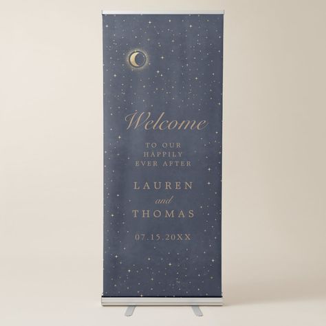 Wedding Welcome Banner, Indoor Wedding Decorations, Banner Wedding, Seating Sign, Moon Gold, Unique Wedding Decor, Celestial Wedding, Retractable Banner, Modern Minimalist Wedding