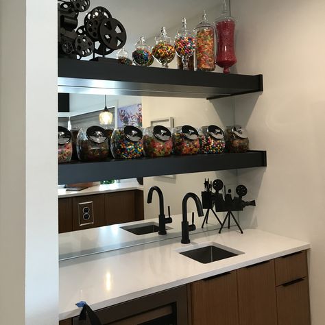 Candy Bar For Media Room, Snack Bar Cinema Room, Home Theatre Candy Bar, Theater Room Candy Display, Basement Candy Bar, Home Candy Bar Ideas, Candy Bar Basement, Snack Bar Movie Room, Candy Station Ideas For Home